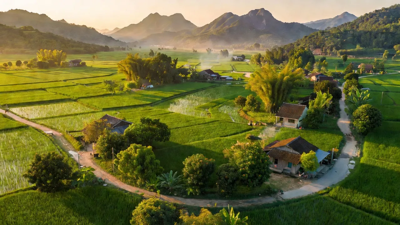 Cảnh sắc xã Hương Sơn, huyện Mỹ Đức với cánh đồng xanh và núi non, thể hiện vẻ đẹp yên bình.