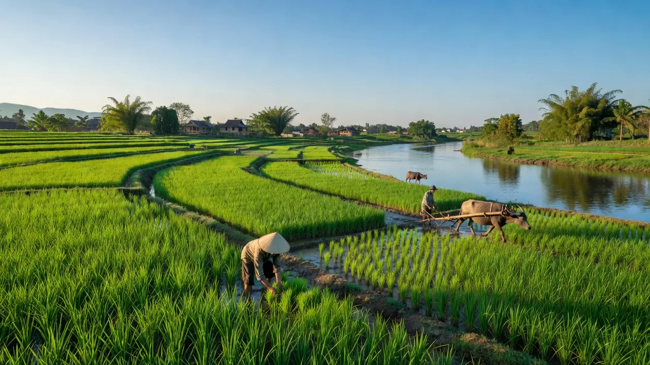 Cảnh quan yên bình ở Xã Lê Thanh, huyện Mỹ Đức, với ruộng lúa xanh mướt bên sông Đáy.