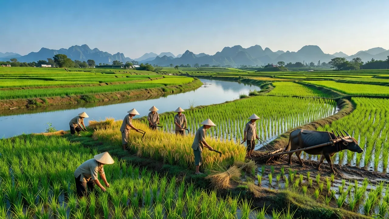 Cảnh sắc bình dị xã Lê Thanh, huyện Mỹ Đức, Hà Nội, với ruộng lúa xanh ven sông Đáy.