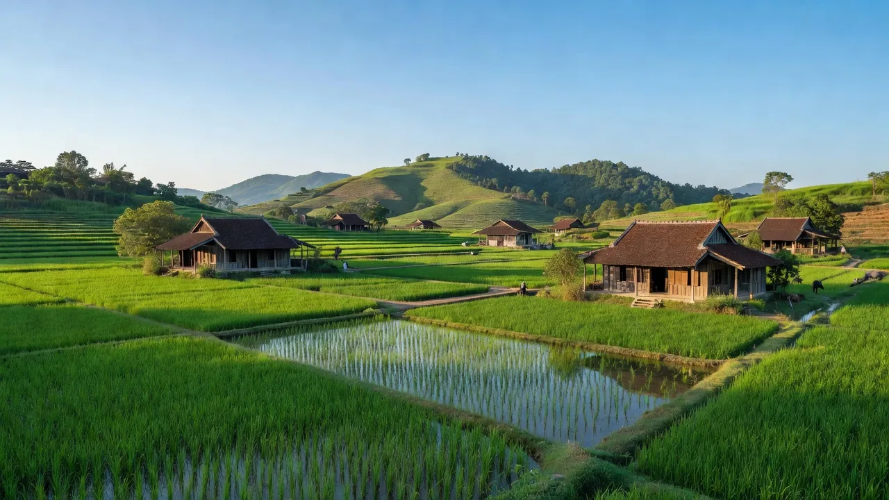 Cảnh đẹp xã Mỹ Xuyên, huyện Mỹ Đức, Hà Nội với cánh đồng xanh và nhà truyền thống.