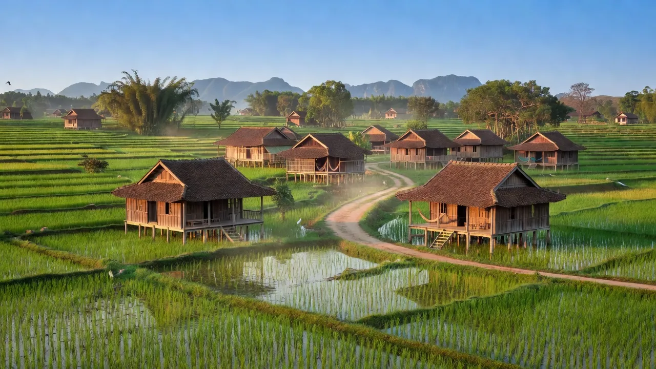 Khung cảnh làng Phù Lưu Tế ở huyện Mỹ Đức, Hà Nội, với cánh đồng lúa xanh tươi.