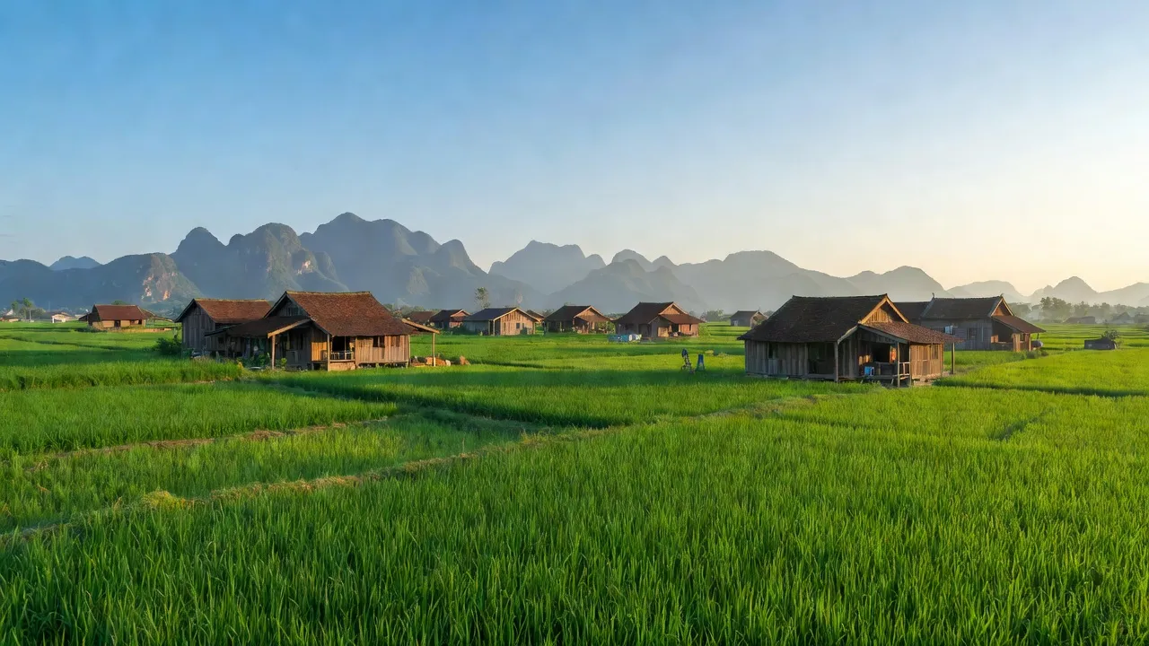 Cảnh đồng quê xã Phúc Lâm, huyện Mỹ Đức, Hà Nội với ruộng lúa xanh và nhà gỗ truyền thống.