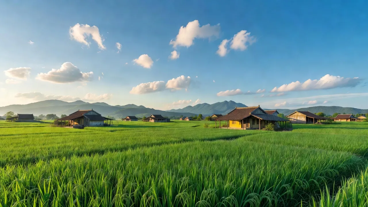 Cảnh quan nông thôn xã Phúc Lâm, huyện Mỹ Đức, Hà Nội với cánh đồng xanh và nhà truyền thống.