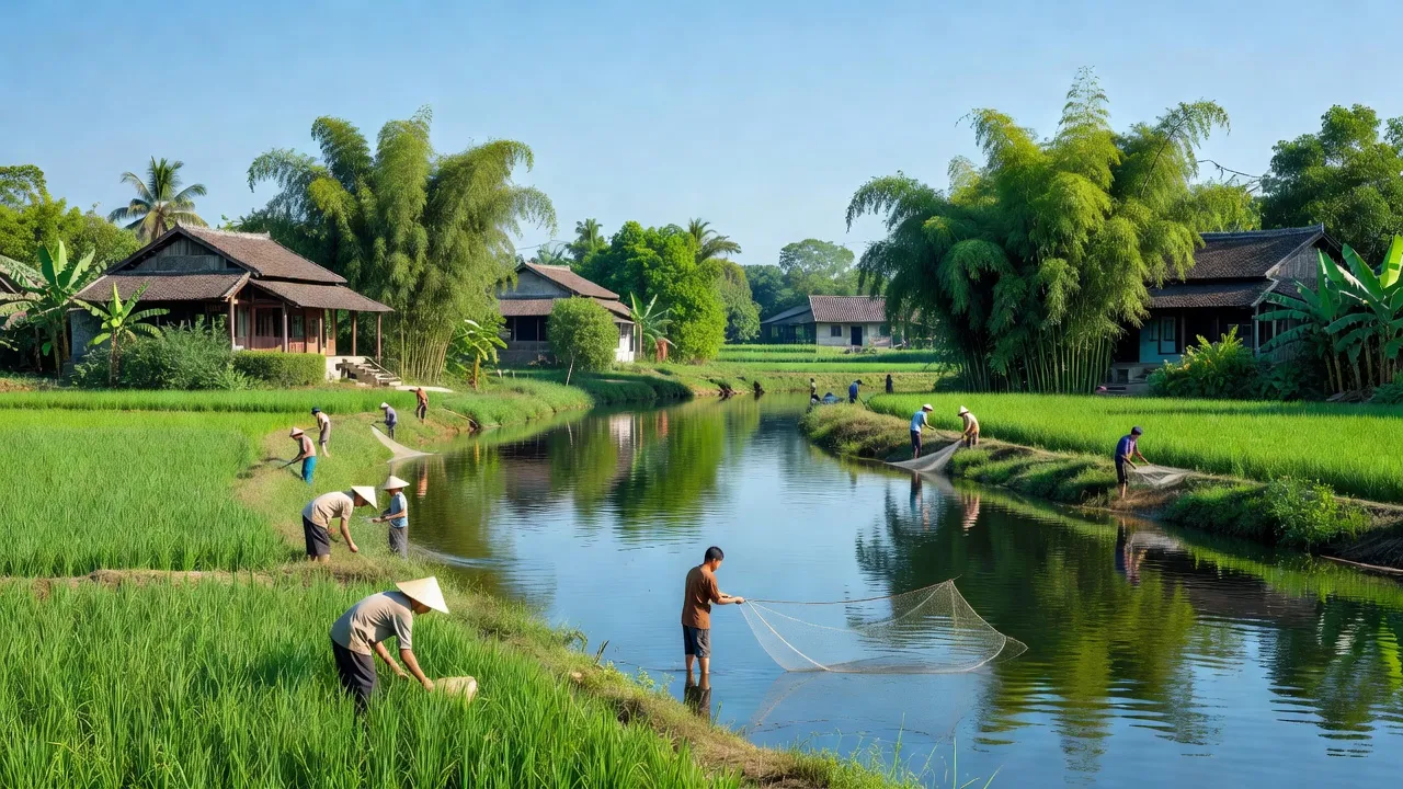 Quang cảnh quê hương Phùng Xá ở huyện Mỹ Đức, bên dòng sông Đáy, với nhà cửa truyền thống.