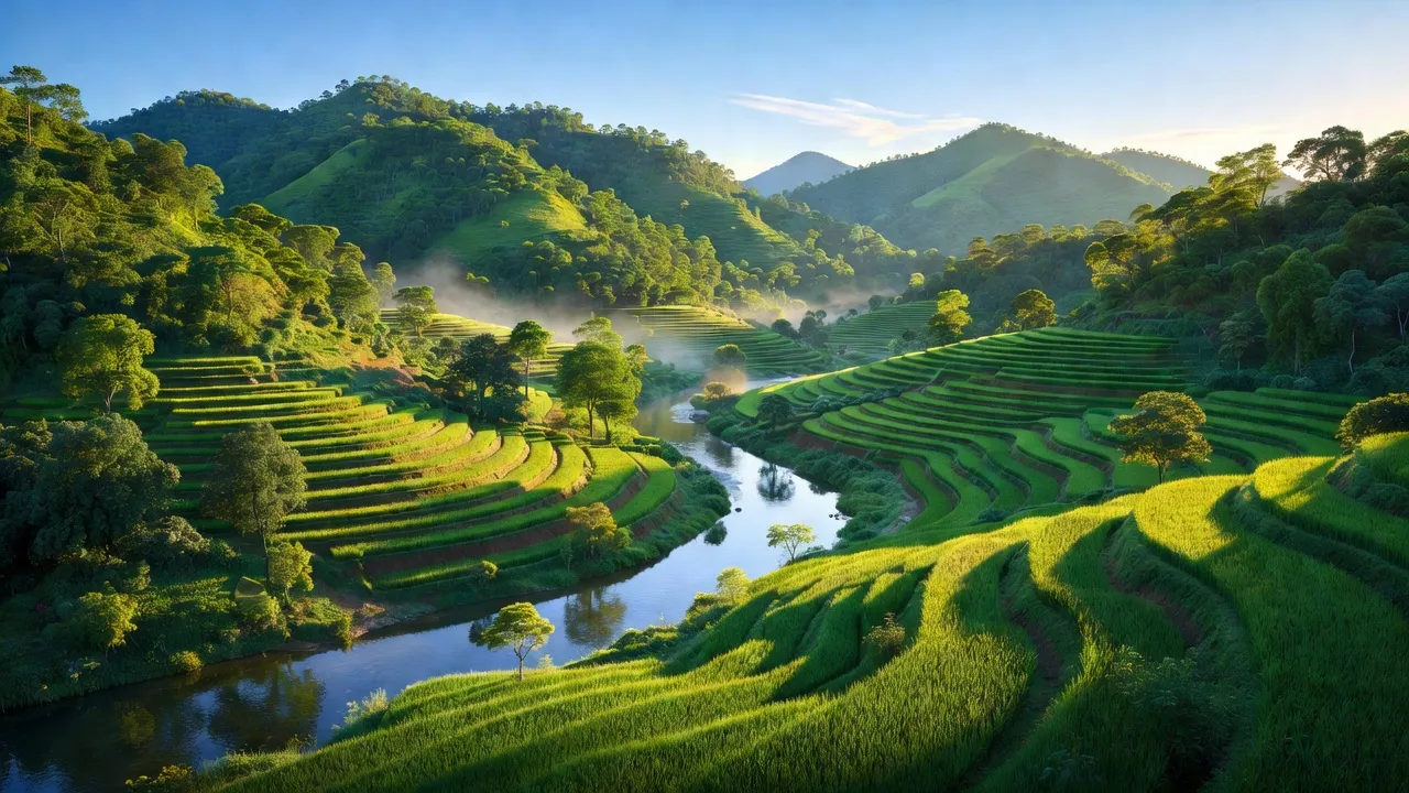 Cảnh đẹp thiên nhiên xã Thượng Lâm, huyện Mỹ Đức, Hà Nội với đồi núi và ruộng bậc thang.