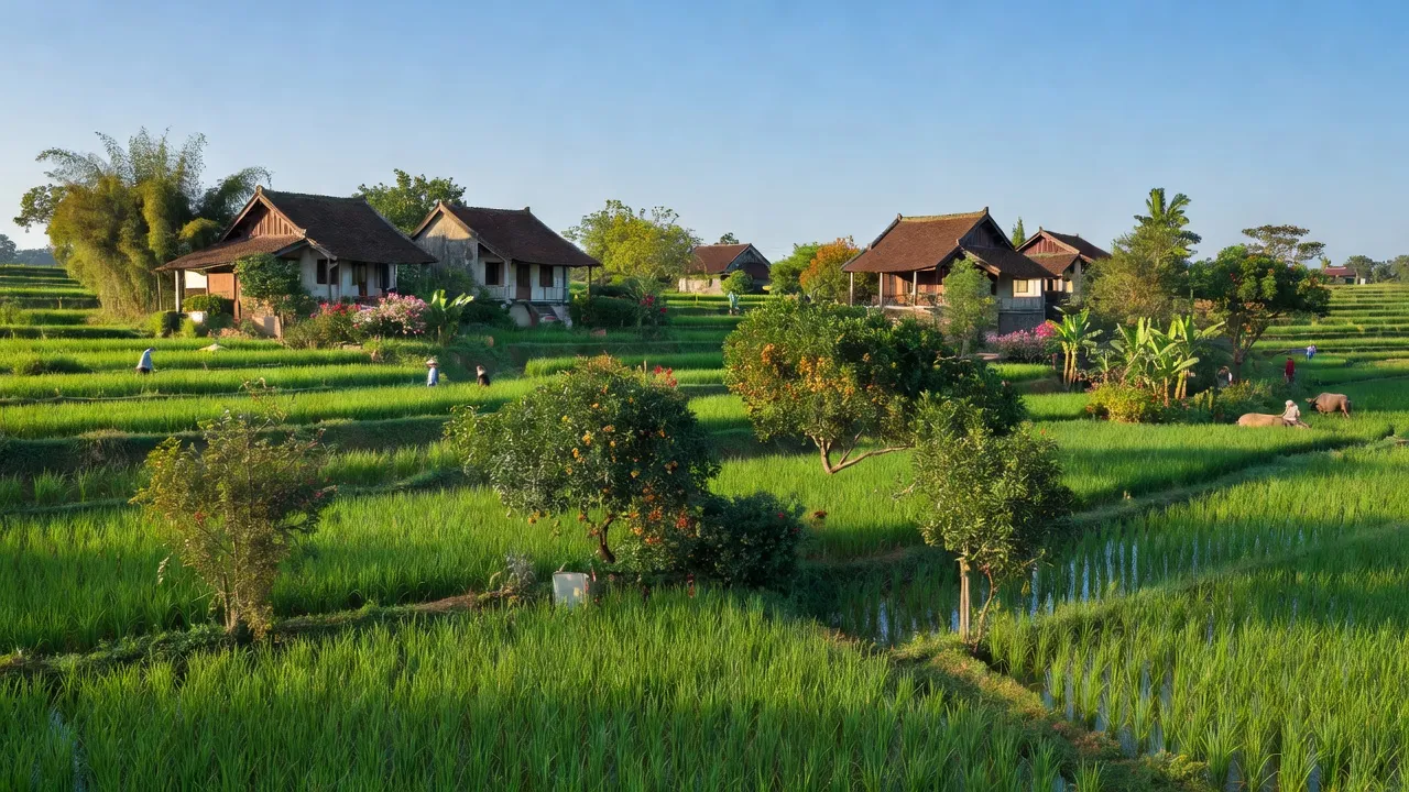 Khung cảnh yên bình làng Tuy Lai, huyện Mỹ Đức, Hà Nội với cánh đồng lúa và cây ăn quả.