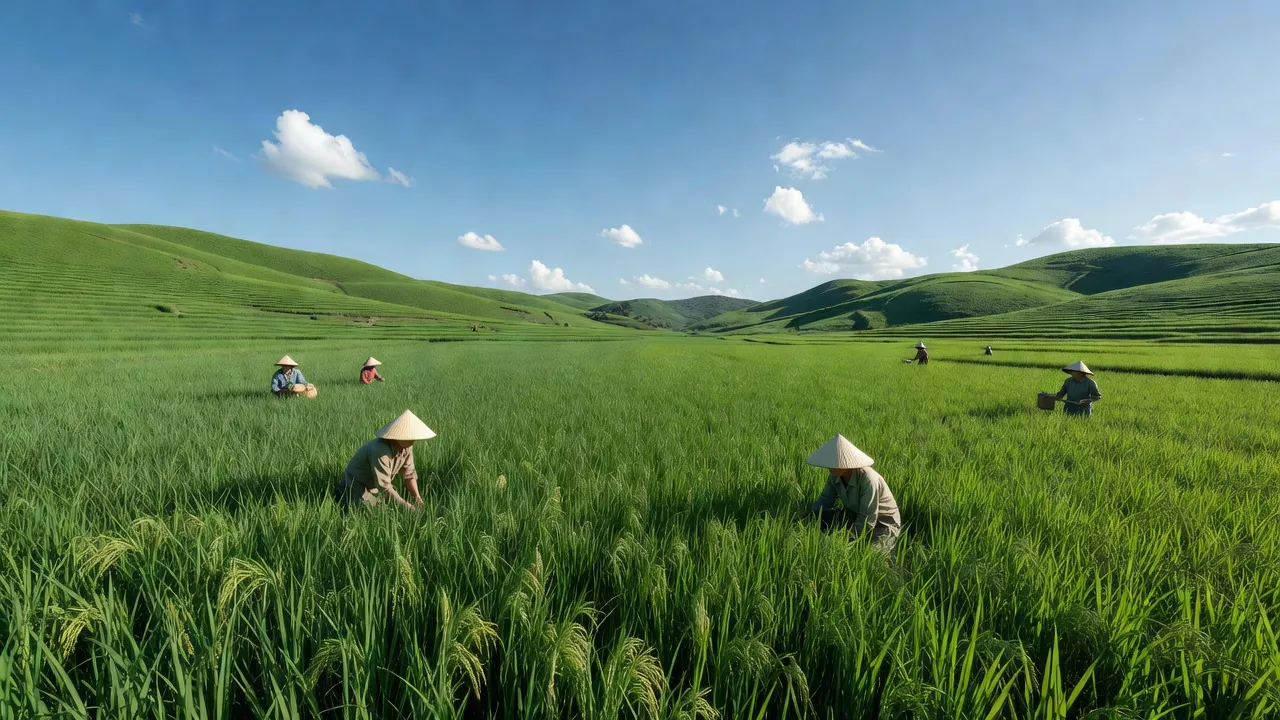 Cảnh quan xã Vạn Tín, huyện Mỹ Đức, Hà Nội với cánh đồng và người dân lao động.