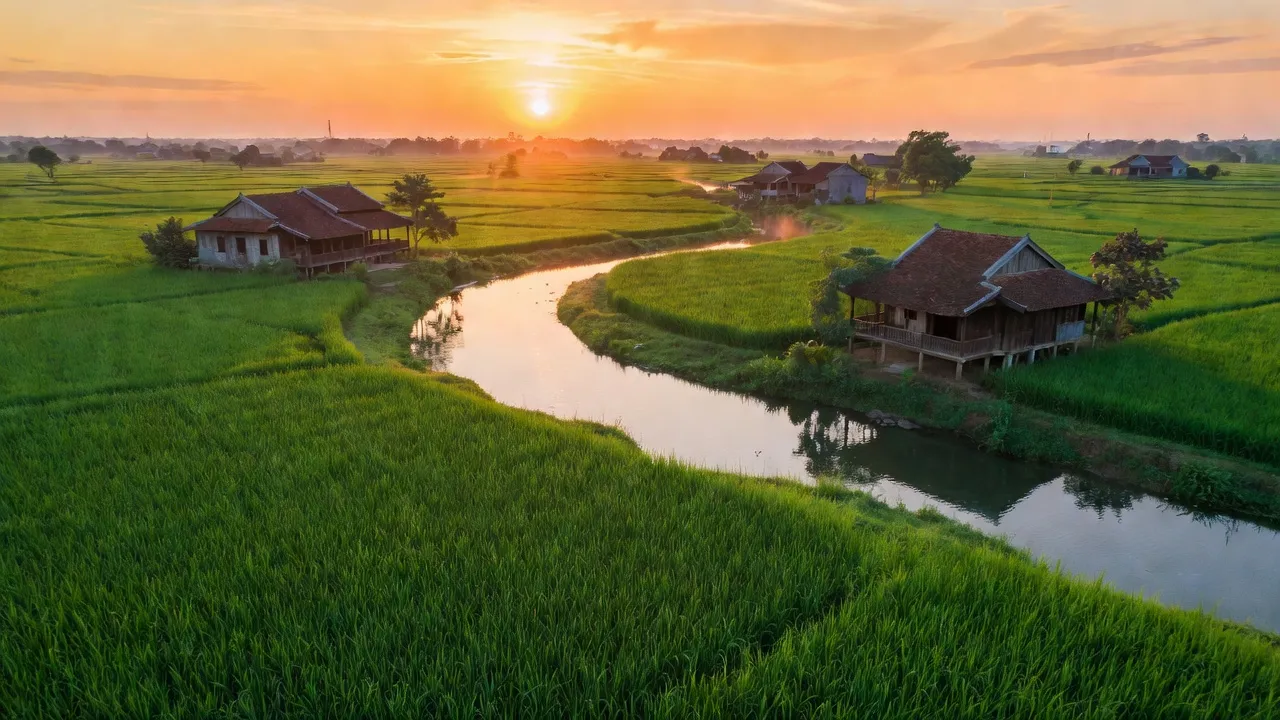 Phong cảnh xã Vạn Tín, huyện Mỹ Đức, Hà Nội với cánh đồng xanh và nhà truyền thống.