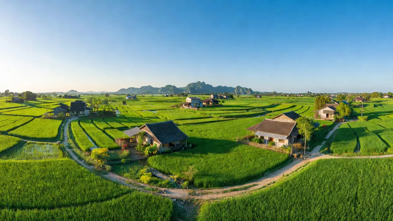 Khung cảnh Xã Xuy Xá, huyện Mỹ Đức, Hà Nội với cánh đồng xanh tươi và nhà cửa truyền thống.