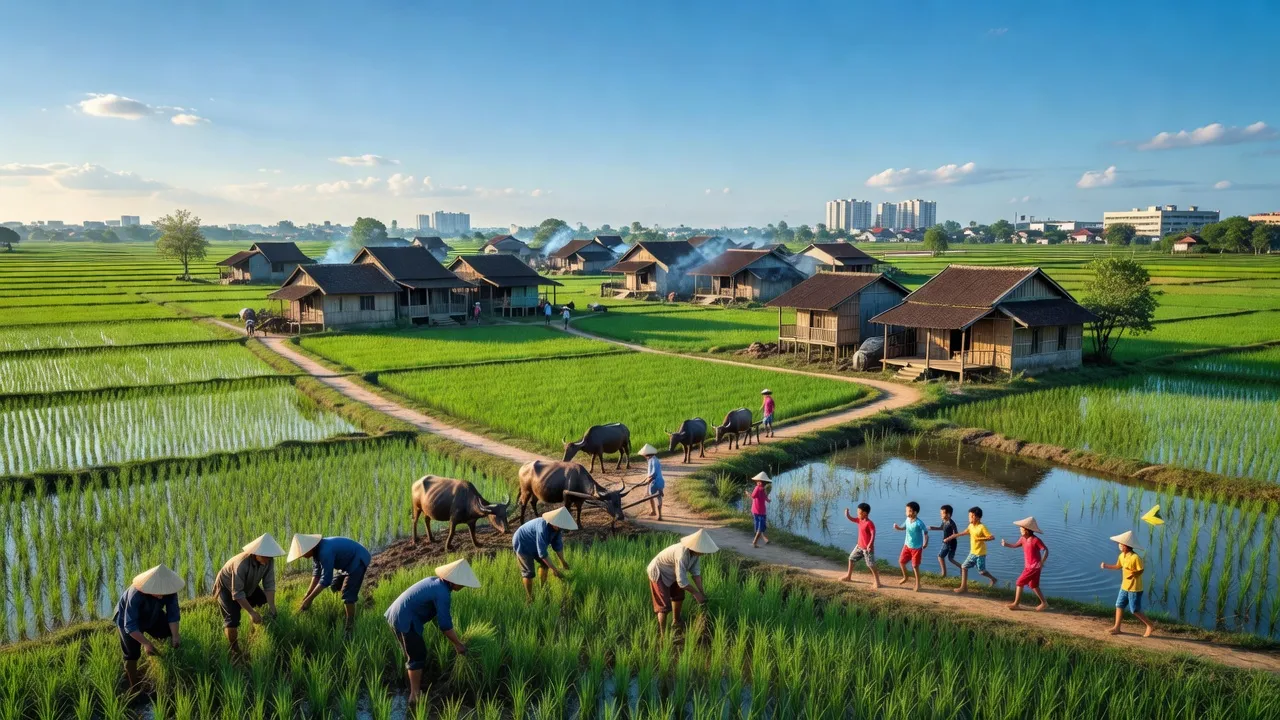 Toàn cảnh huyện Phú Xuyên, Hà Nội với đồng xanh, nhà truyền thống và người dân lao động.