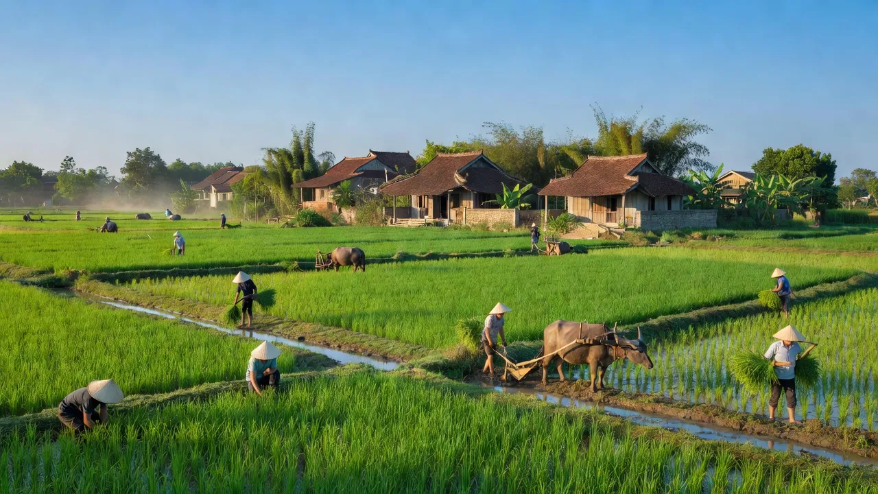Khung cảnh xã Bạch Hạ, huyện Phú Xuyên với cánh đồng xanh và nhà truyền thống miền Bắc.