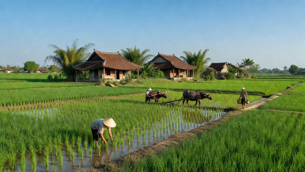 Cảnh đồng quê xã Châu Can, huyện Phú Xuyên, Hà Nội với nhà truyền thống và đồng lúa xanh.