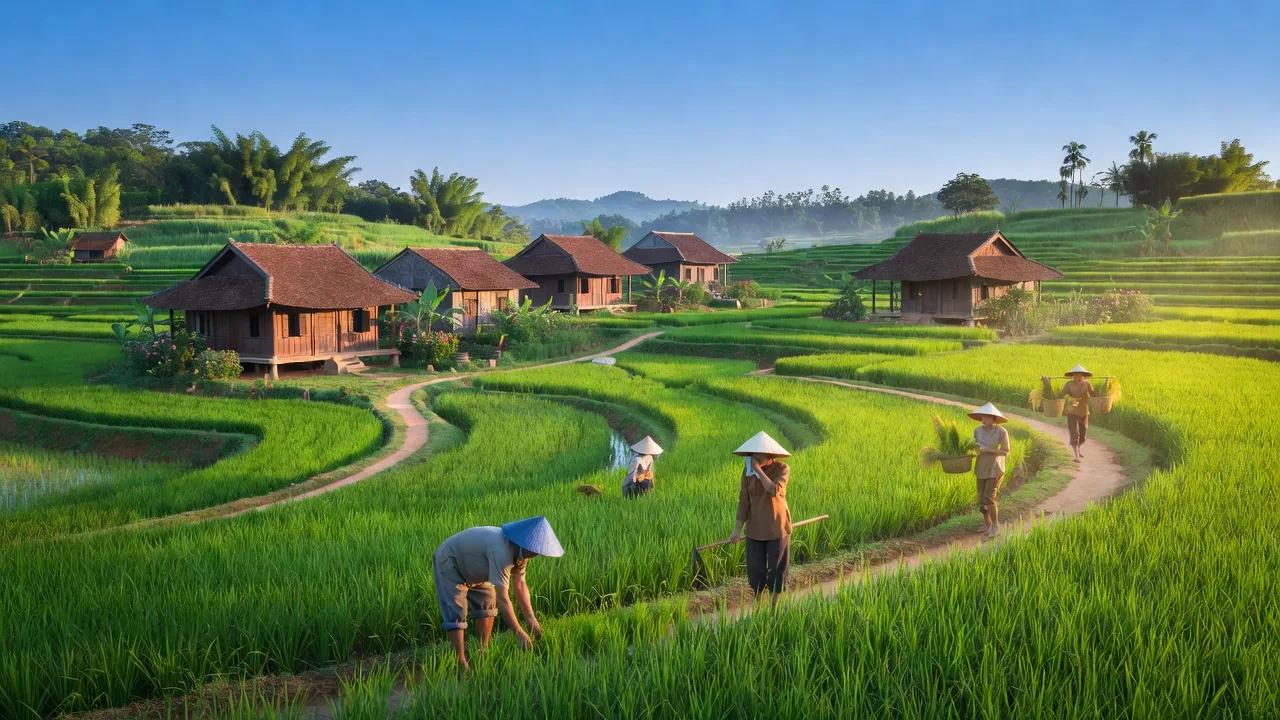 Cảnh quan Xã Châu Can, huyện Phú Xuyên với ruộng xanh và nhà truyền thống Việt Nam.