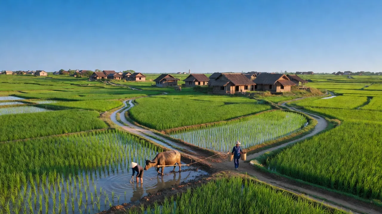 Cảnh đồng lúa xanh tươi ở xã Chuyên Mỹ, huyện Phú Xuyên, Hà Nội, Việt Nam.