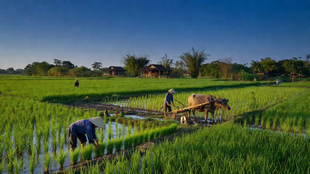 Khung cảnh nông thôn xã Chuyên Mỹ, Phú Xuyên với cánh đồng lúa xanh mướt và hoạt động sản xuất nông nghiệp.