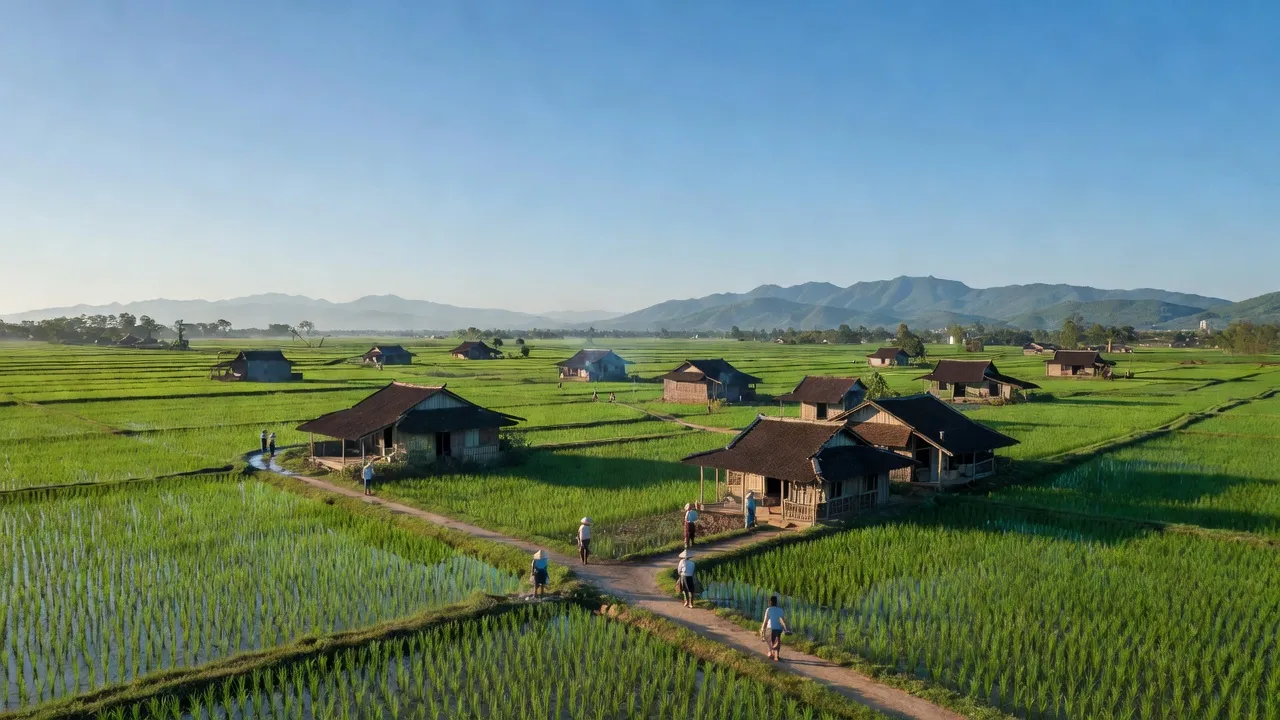 Khung cảnh nông thôn yên tĩnh tại Xã Đại Xuyên, huyện Phú Xuyên, Hà Nội, với ruộng xanh và nhà truyền thống.