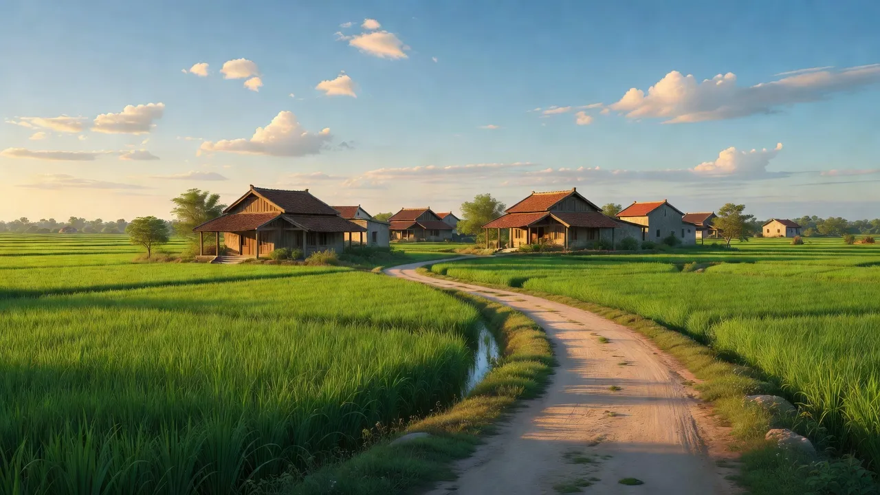Cảnh đẹp nông thôn xã Hoàng Long, huyện Phú Xuyên, thành phố Hà Nội với cánh đồng xanh.
