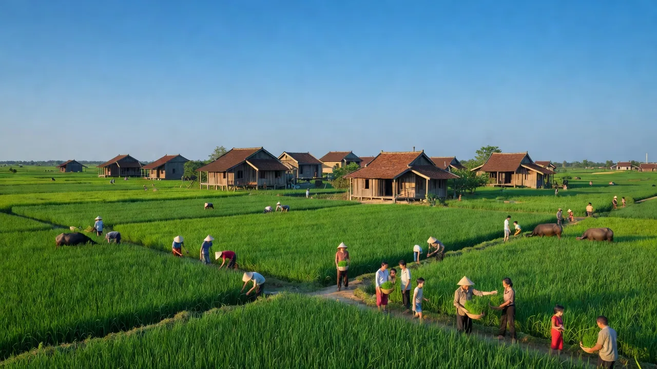 Khung cảnh xã Hoàng Long, huyện Phú Xuyên, Hà Nội với cánh đồng xanh mướt và nhà truyền thống.