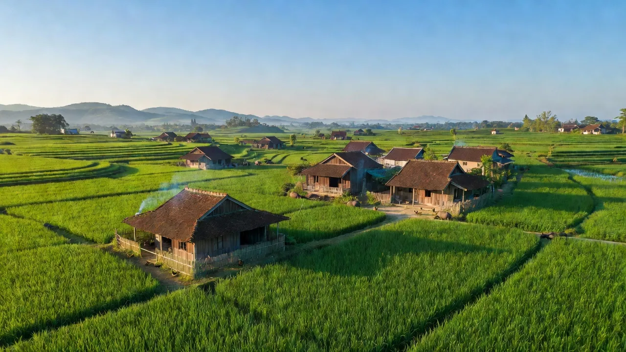 Cảnh đồng quê Xã Hồng Minh, huyện Phú Xuyên, Hà Nội với cánh đồng xanh và nhà truyền thống.