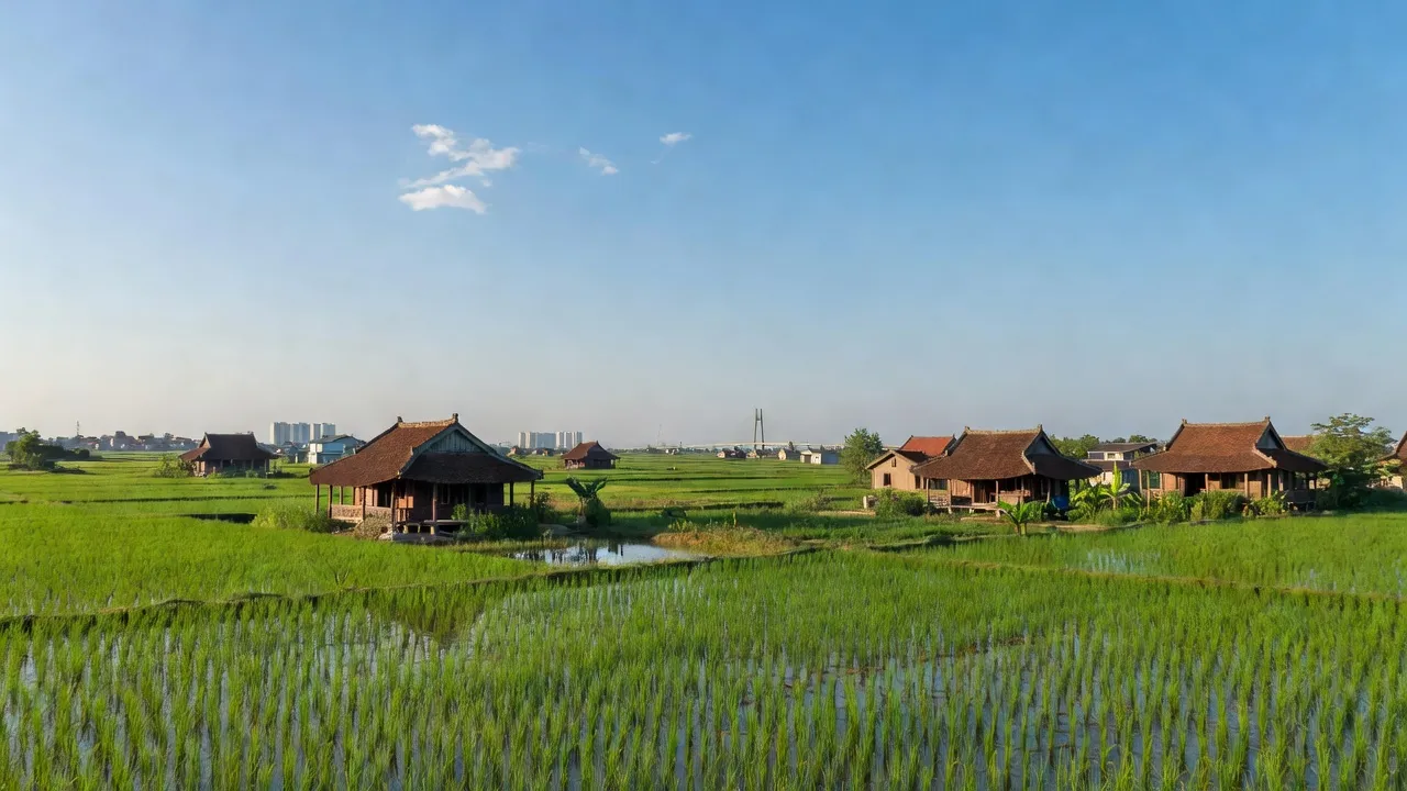 Cảnh sắc Xã Khai Thái, huyện Phú Xuyên, Hà Nội với cánh đồng xanh và nhà truyền thống.