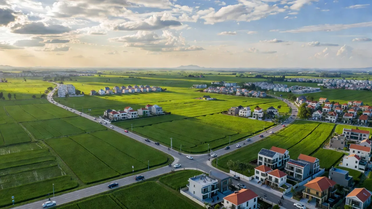 Cảnh quan xã Nam Tiến, huyện Phú Xuyên, Hà Nội với cánh đồng xanh và nhà cửa hiện đại.