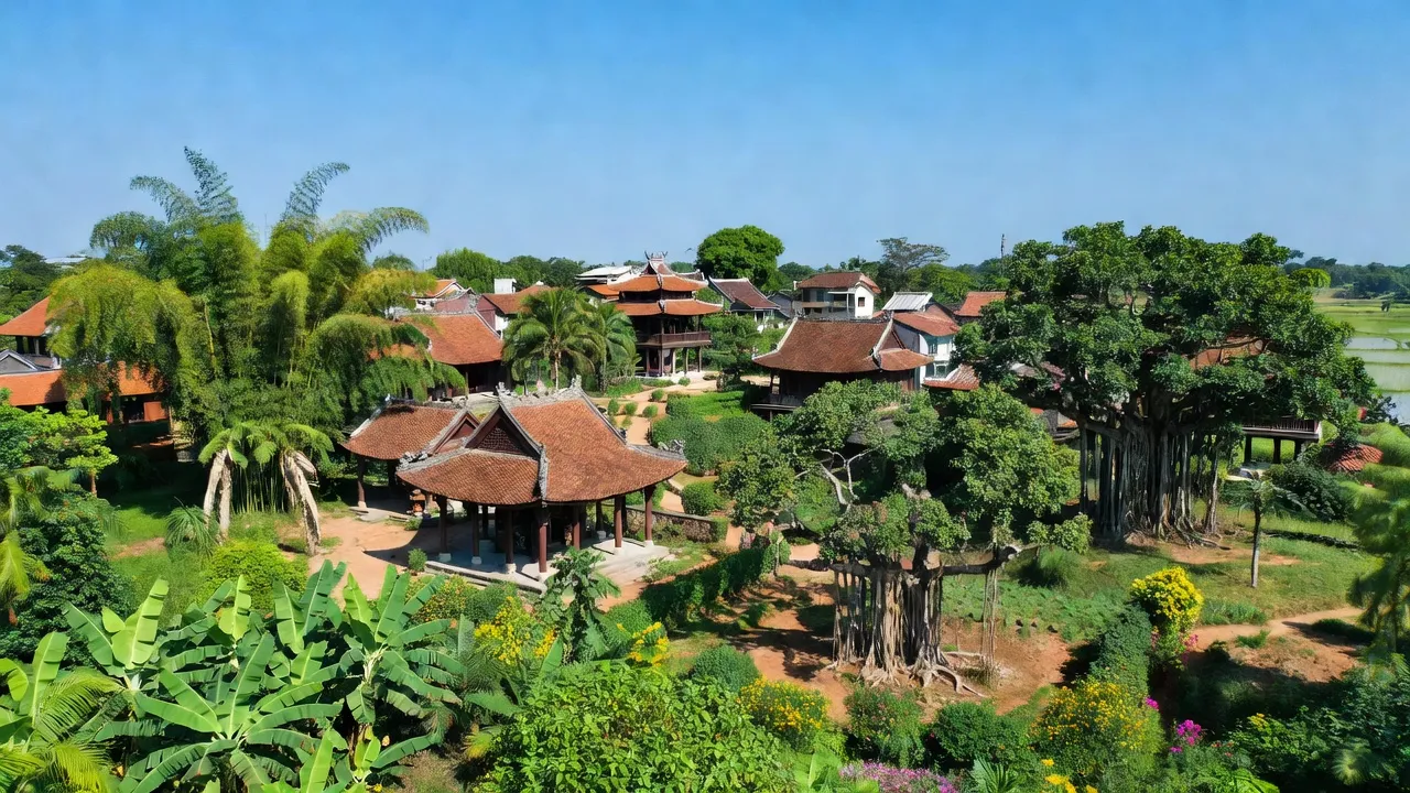 Khung cảnh thị trấn Phú Minh, huyện Phú Xuyên, Hà Nội với kiến trúc truyền thống và thiên nhiên xanh tươi.