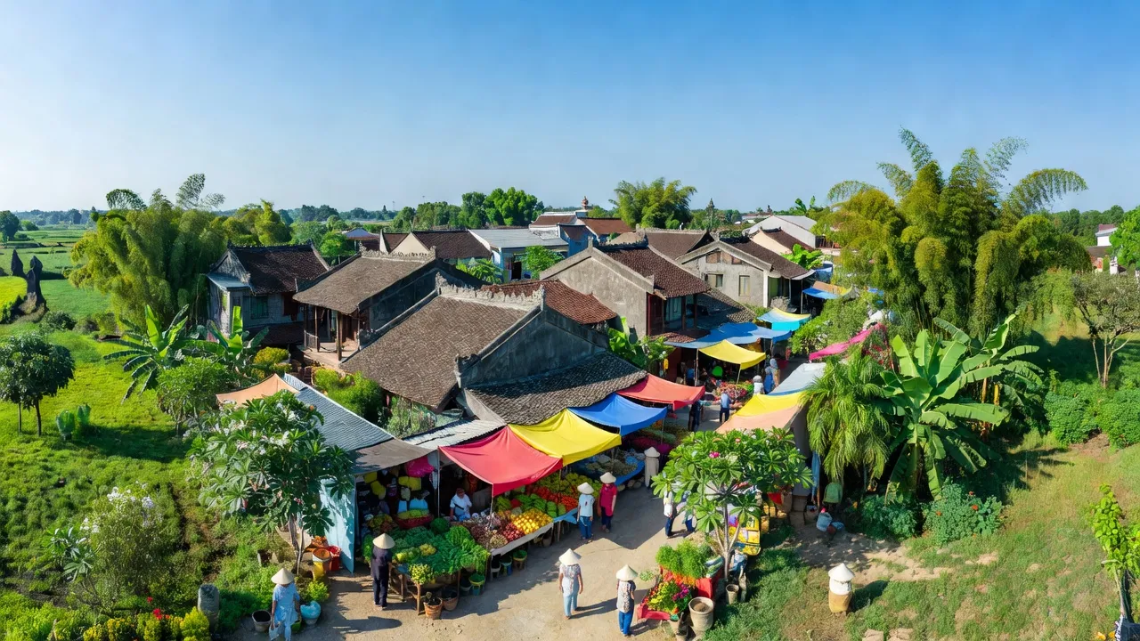 Khung cảnh thị trấn Phú Minh, huyện Phú Xuyên, Hà Nội với nhà cửa truyền thống và chợ địa phương.