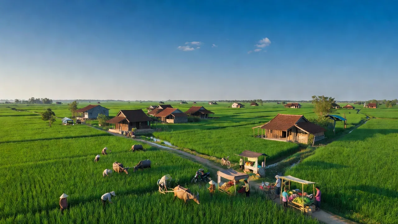 Cảnh đẹp xã Phú Túc, huyện Phú Xuyên, Hà Nội với đồng ruộng, bầu trời xanh, và hoạt động nông nghiệp.