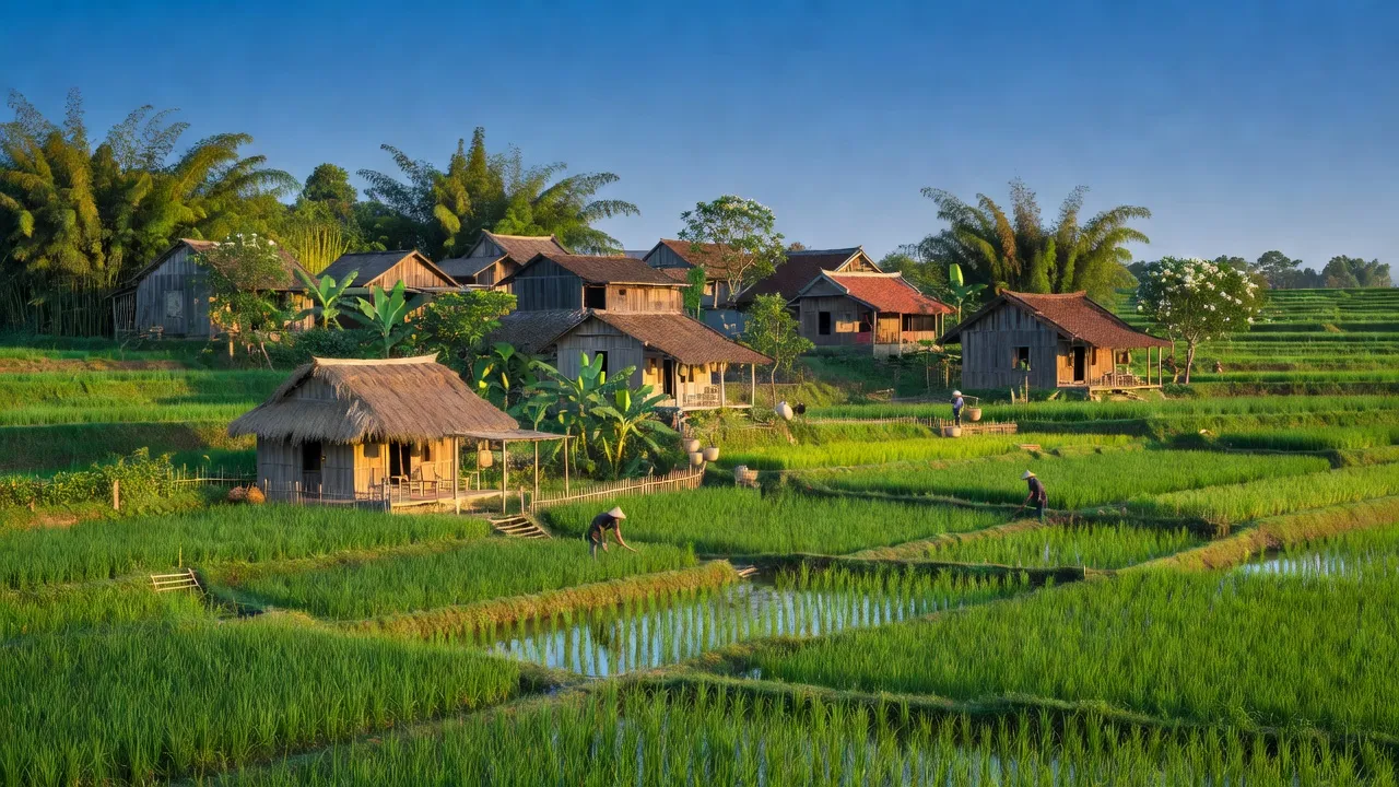 Cảnh làng Phú Túc, huyện Phú Xuyên, Hà Nội với cánh đồng xanh và bầu trời trong xanh.