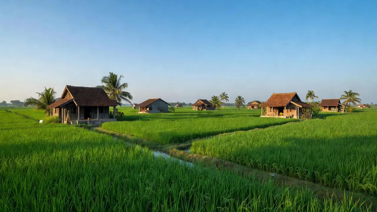 Cảnh đồng xanh và nhà truyền thống tại xã Phú Yên, huyện Phú Xuyên, Hà Nội, thể hiện vẻ đẹp nông thôn.