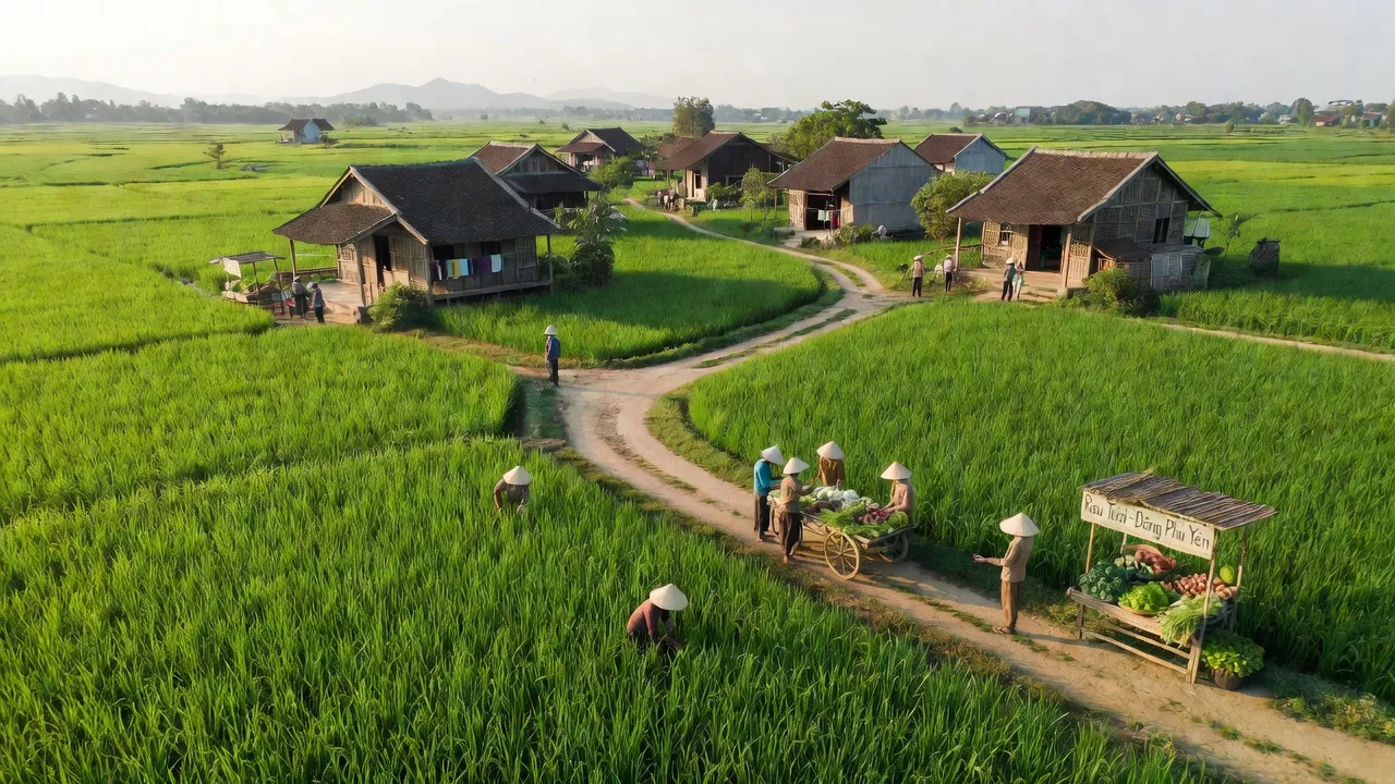 Khung cảnh Xã Phú Yên, Huyện Phú Xuyên, với đồng xanh và nhà truyền thống, tiềm năng phát triển.