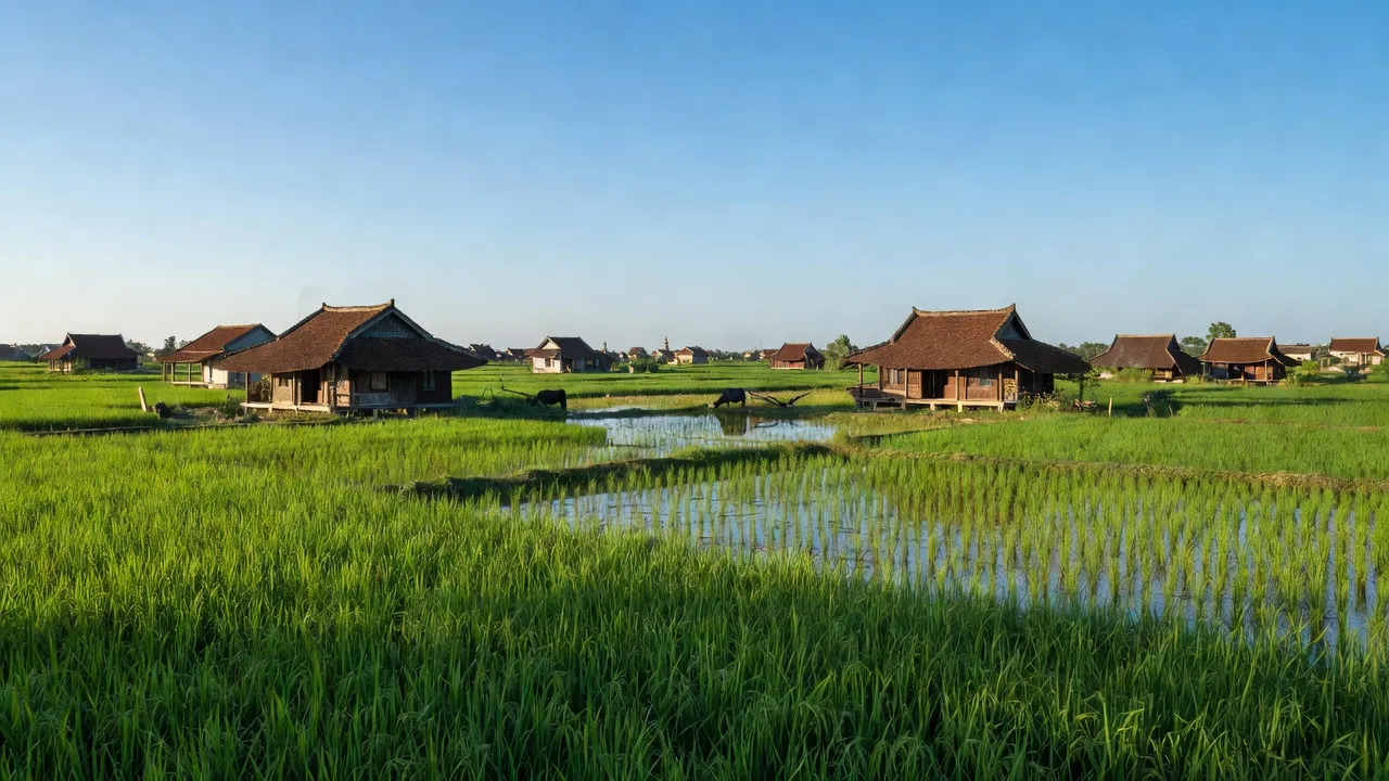 Cảnh đẹp xã Phúc Tiến, huyện Phú Xuyên, Hà Nội, với ruộng lúa xanh và nhà truyền thống.