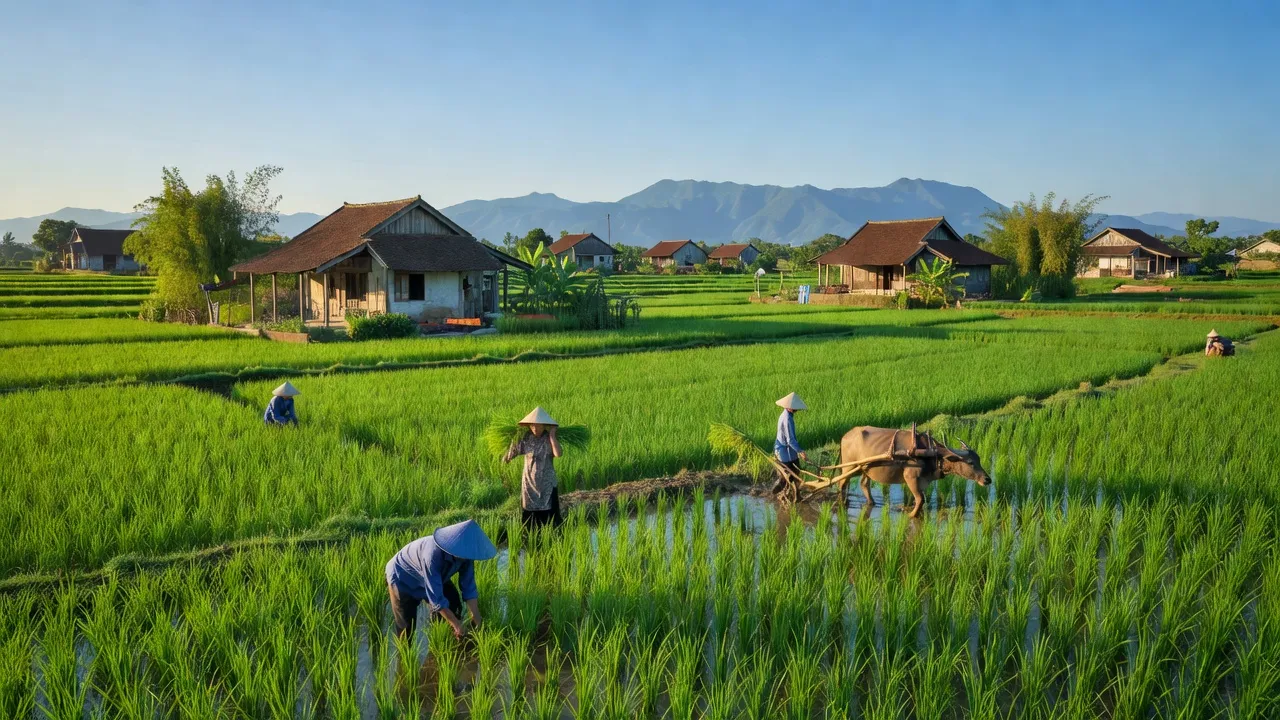 Khung cảnh nông thôn xã Phúc Tiến, huyện Phú Xuyên, Hà Nội với cánh đồng xanh mướt và nhà truyền thống.