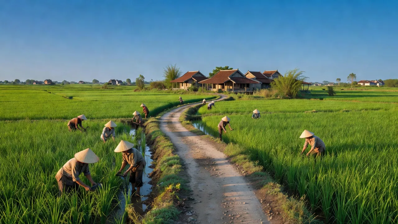 Phong cảnh đẹp xã Phượng Dực, Huyện Phú Xuyên, Hà Nội với cánh đồng xanh, nhà truyền thống.