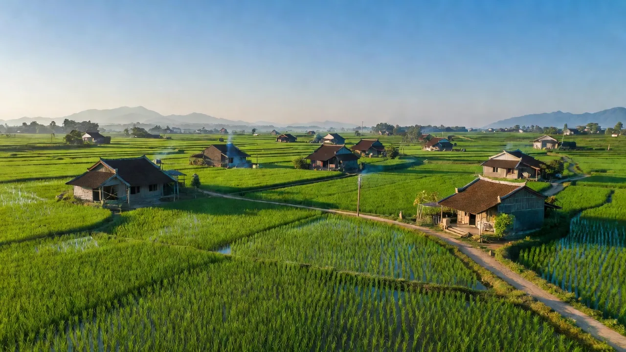 Khung cảnh bình yên của xã Quang Hà, huyện Phú Xuyên với đồng lúa xanh tươi và nhà truyền thống.