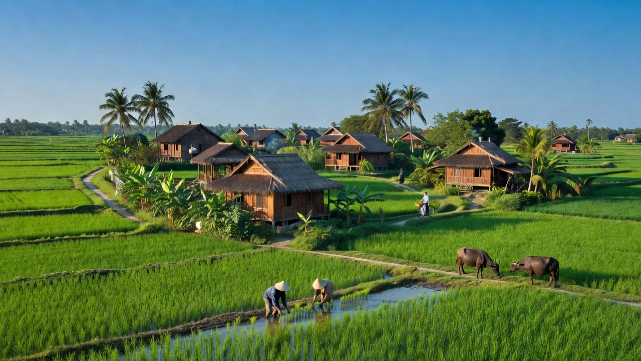 Quang Hà village in Phú Xuyên, Hà Nội, with rice fields and traditional wooden houses under blue sky.