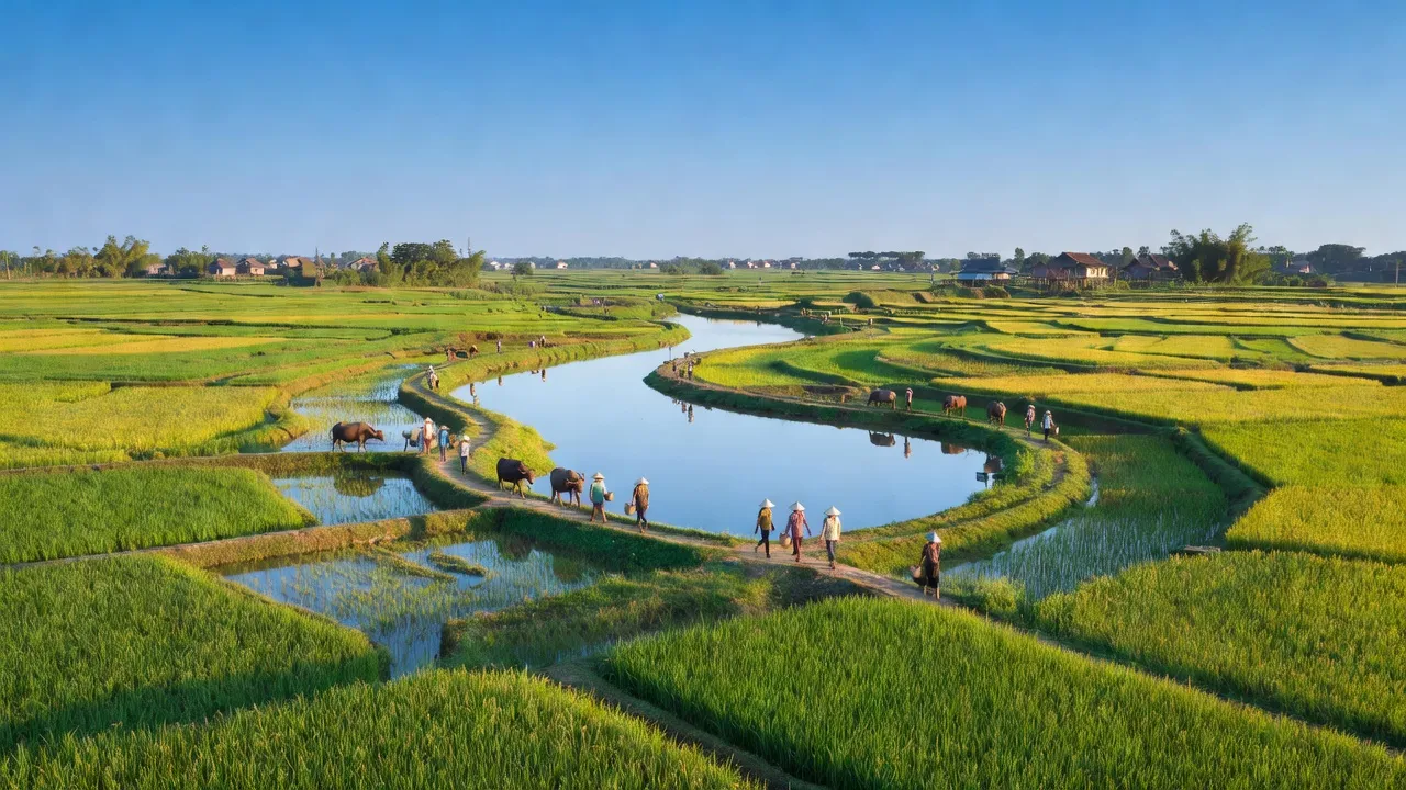 Quang Lãng, Phú Xuyên, Hà Nội với ruộng lúa xanh và dòng sông trong nắng đẹp, phong cảnh nông thôn.