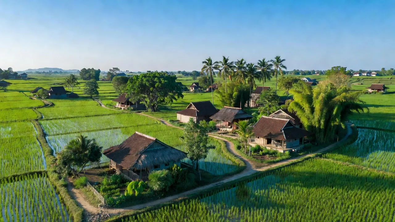 Khung cảnh Xã Tân Dân, Huyện Phú Xuyên, Hà Nội với cánh đồng xanh mướt và kiến trúc nông thôn.
