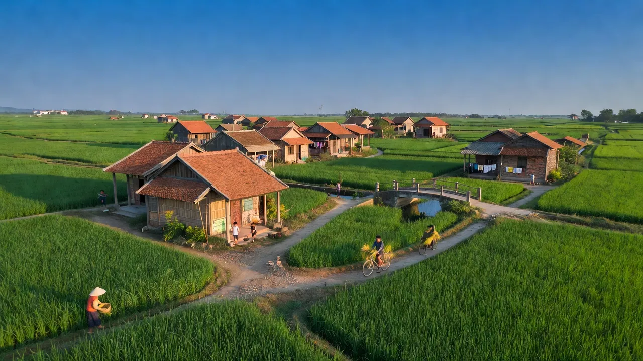 Khung cảnh xã Tân Dân, huyện Phú Xuyên, Hà Nội với cánh đồng xanh và nhà truyền thống.