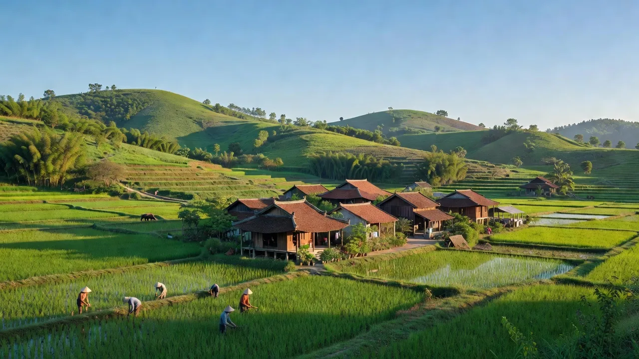 Phong cảnh yên bình Xã Tri Thủy, huyện Phú Xuyên, Hà Nội, đồi núi xanh tươi và nhà truyền thống.