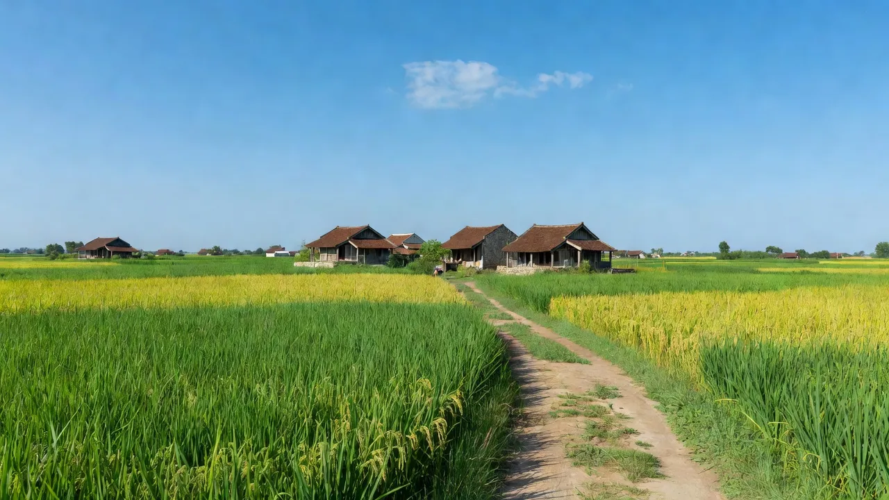 Cảnh sắc nông thôn xã Văn Hoàng, huyện Phú Xuyên, màu xanh ruộng lúa và trời nắng đẹp.