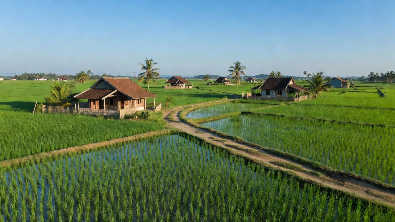 Khung cảnh yên bình ở xã Văn Hoàng, huyện Phú Xuyên, Hà Nội, với cánh đồng xanh và nhà truyền thống.