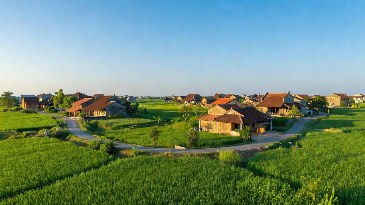 Khung cảnh huyện Phúc Thọ, Hà Nội với cánh đồng xanh, nhà truyền thống và bầu trời trong xanh.