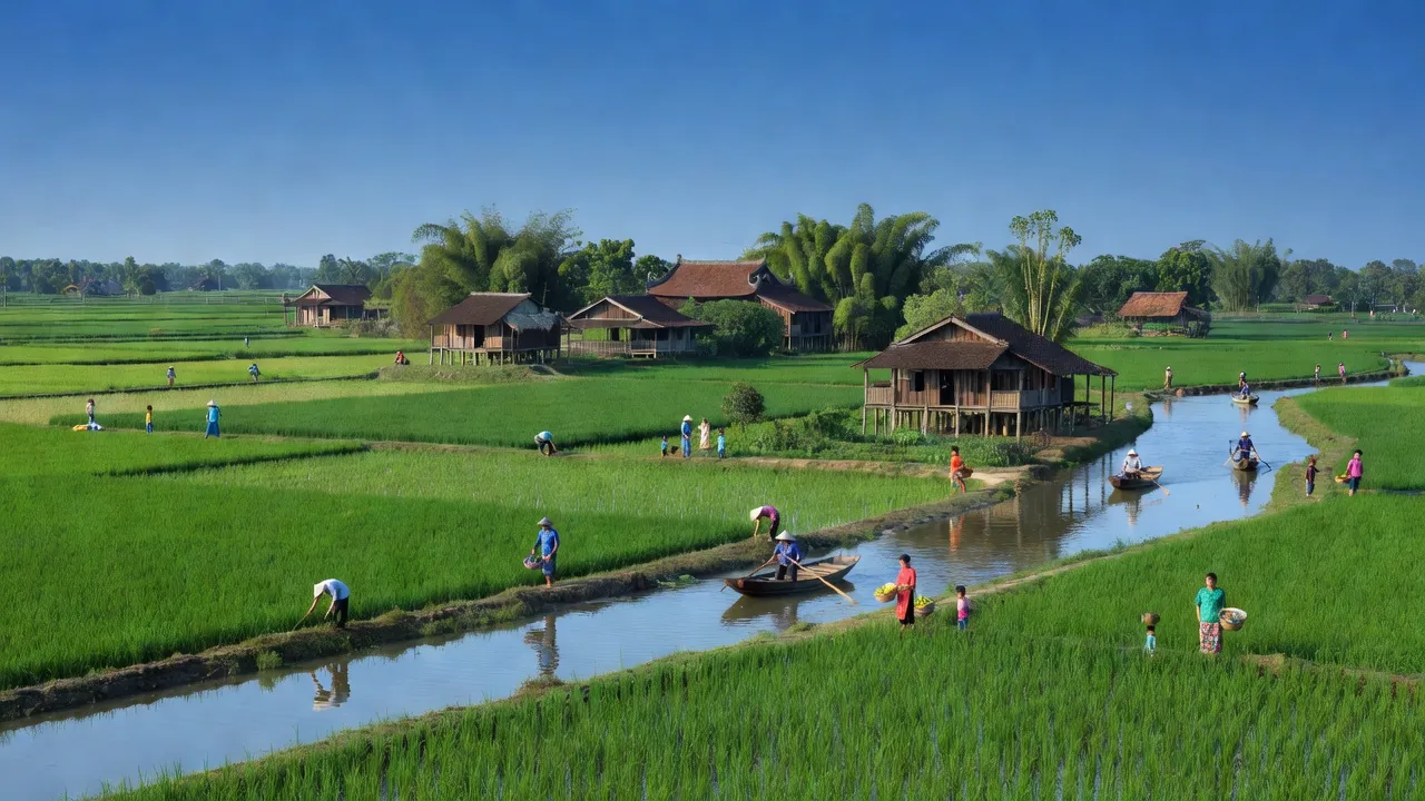 Khung cảnh huyện Phúc Thọ, Hà Nội, với cánh đồng xanh và kiến trúc truyền thống đặc trưng.