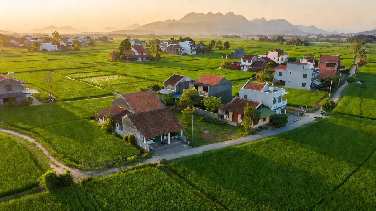 Cảnh nông thôn xã Hát Môn, huyện Phúc Thọ, Hà Nội với cánh đồng xanh và nhà dân.