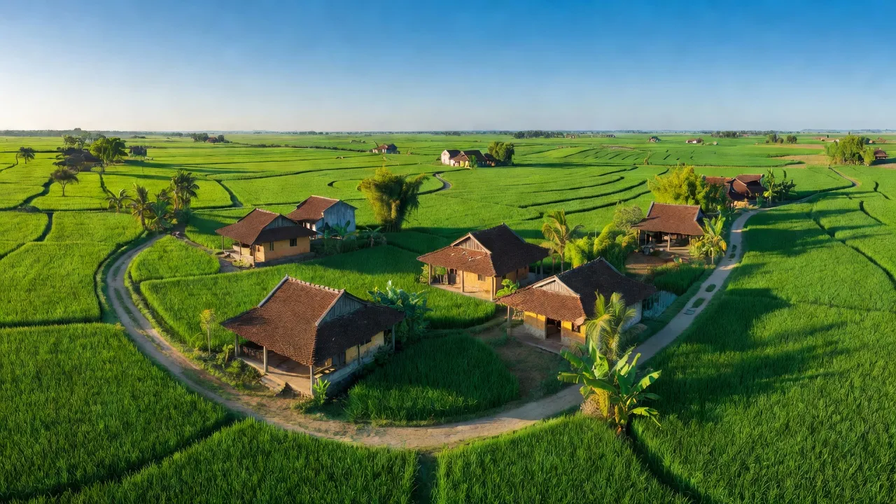 Khung cảnh nông thôn xã Hát Môn, huyện Phúc Thọ, Hà Nội với cánh đồng xanh tươi và nhà truyền thống.