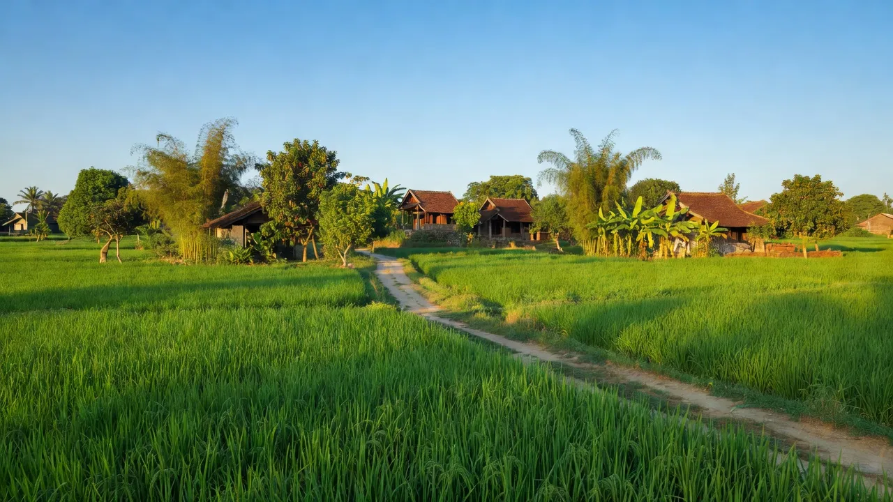 Cảnh đồng xanh tại xã Long Thượng, huyện Phúc Thọ, Hà Nội, mang nét đẹp nông thôn yên bình.