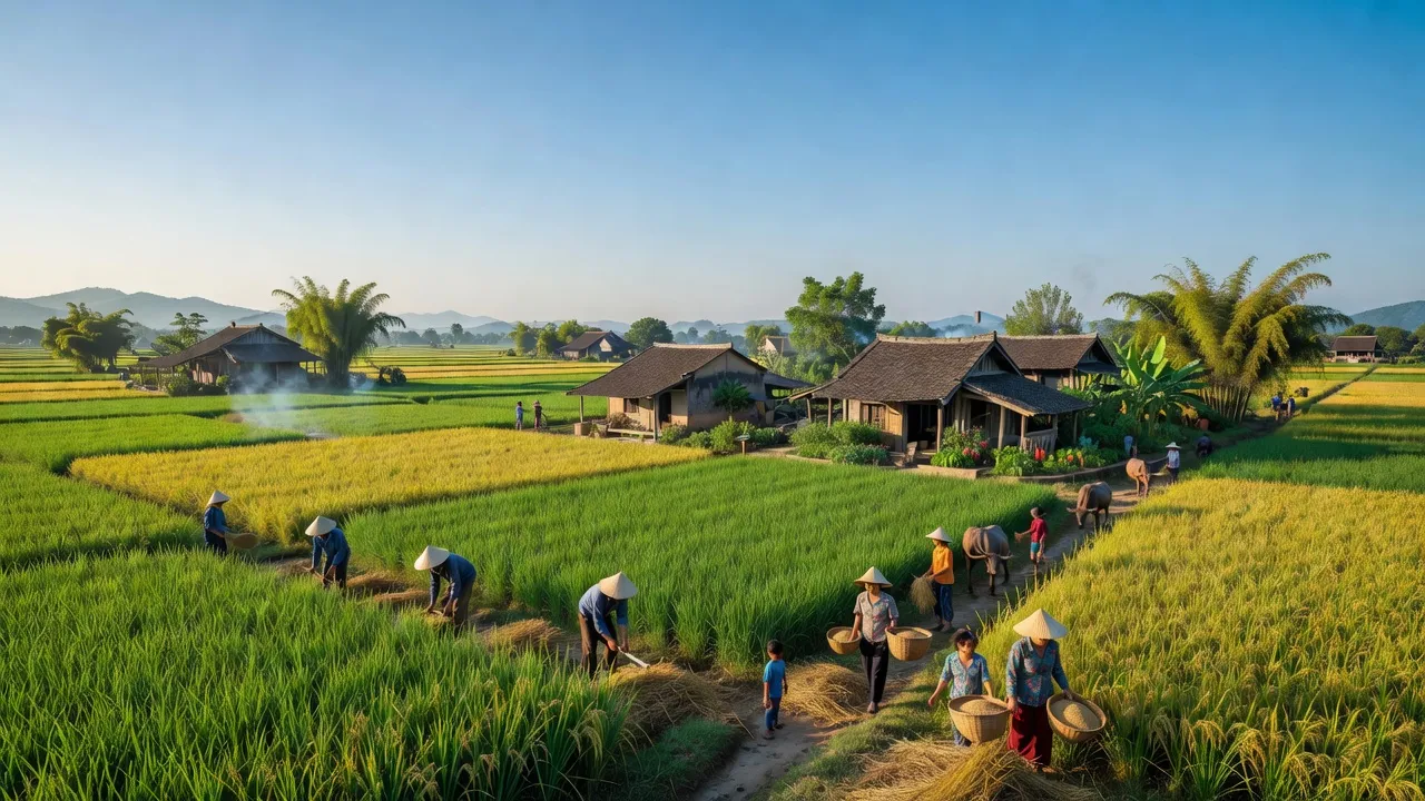 Khung cảnh Xã Long Thượng, huyện Phúc Thọ, với cánh đồng xanh và bầu trời trong xanh.