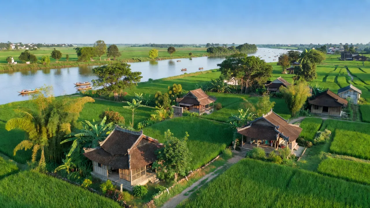 Khung cảnh thơ mộng xã Nam Hà, huyện Phúc Thọ, Hà Nội, với sông Hồng và nhà truyền thống.