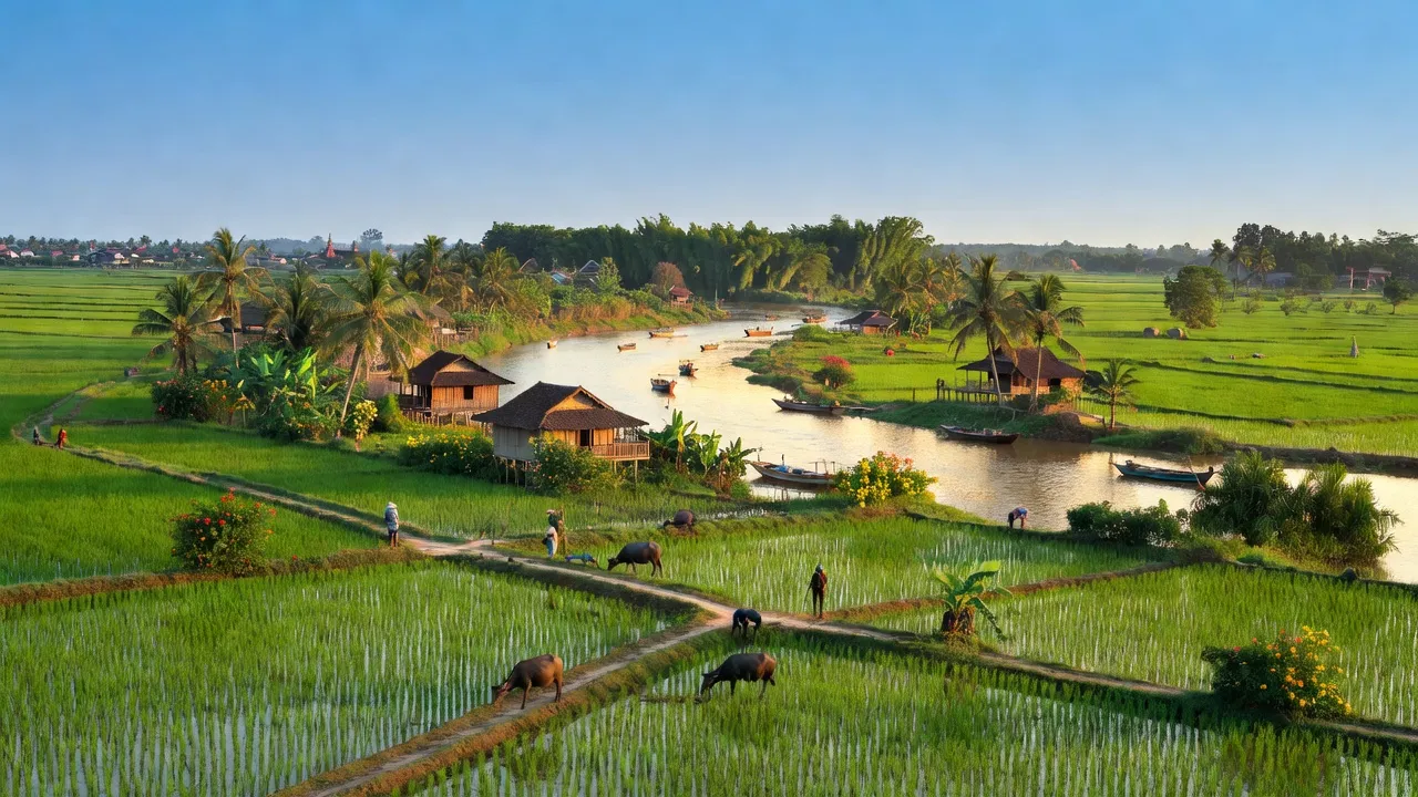 Khung cảnh xã Nam Hà, huyện Phúc Thọ với sông Hồng và đồng ruộng, Hà Nội.